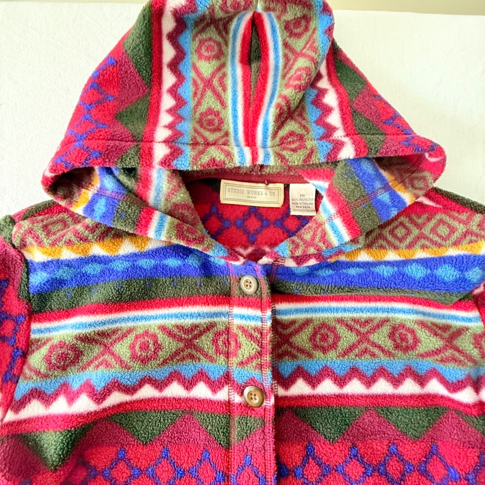 Vintage Studio Works Fleece Hoodie Women Geometric Aztec Button 90s - Picture 2 of 11